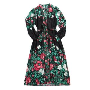 NWT By Anthropologie Midi Shirt Dress in Black Floral Motif Belted Midi Dress